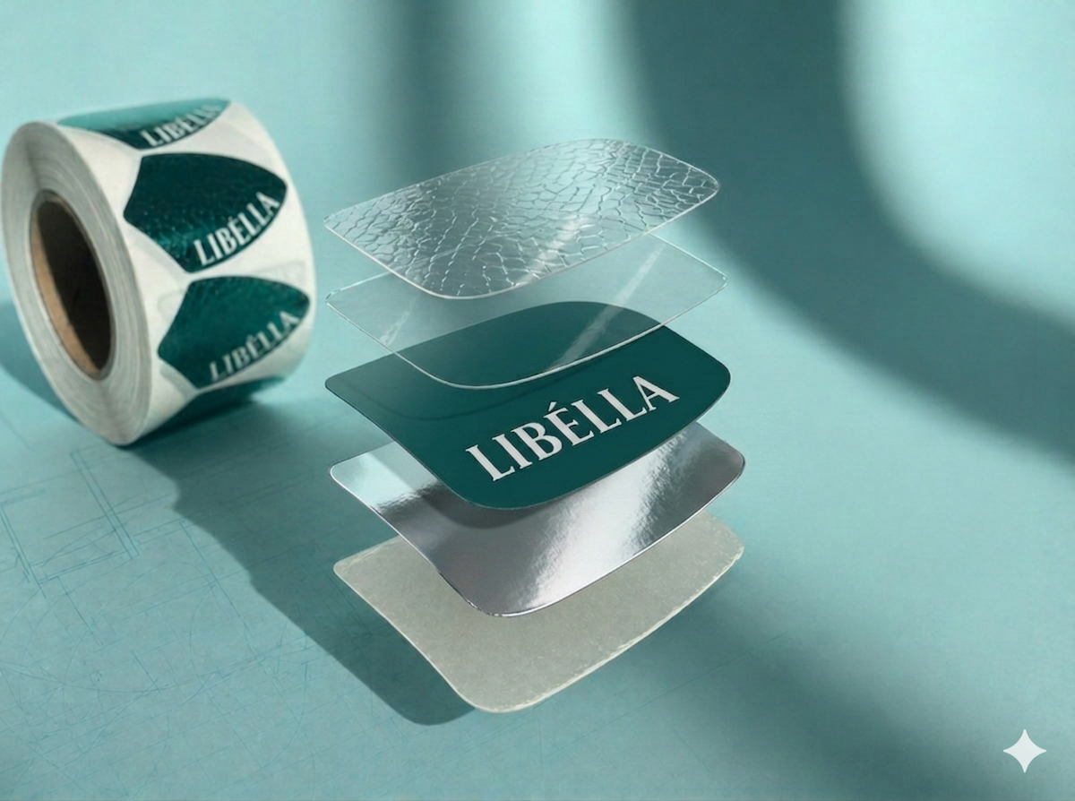 showing a self-adhesive label and its different layers.
